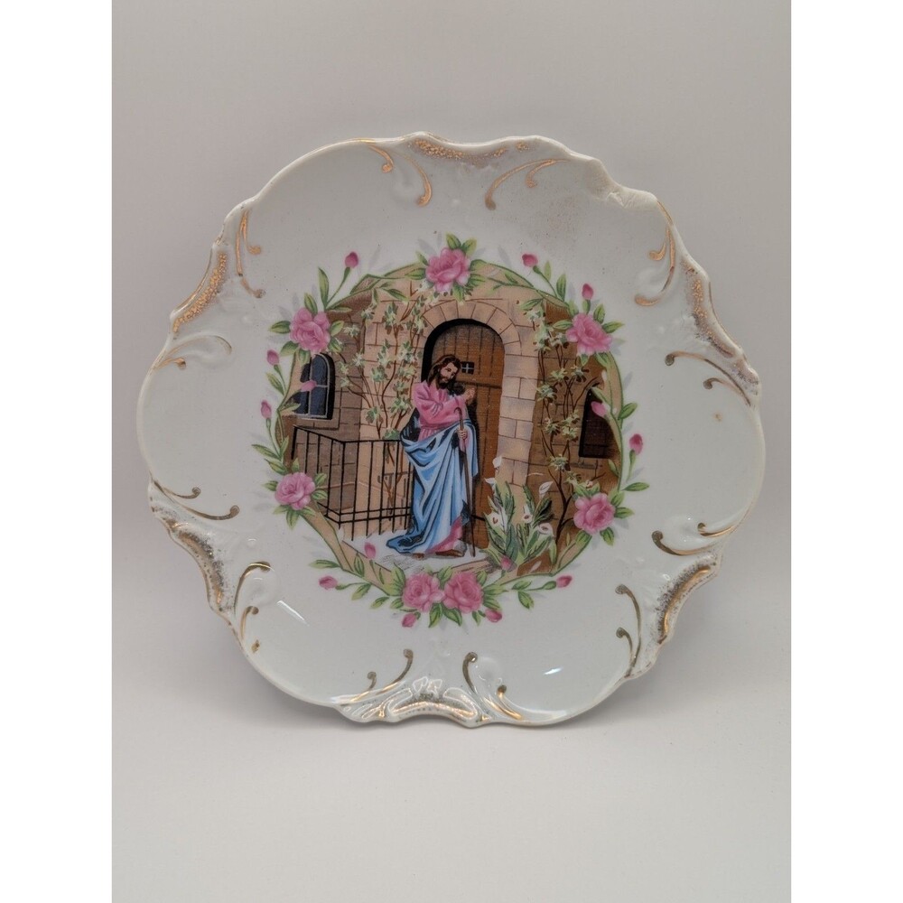 Vintage Jesus Knocking at the Door Porcelain Plate Gold Trim Japan 8" Rose
